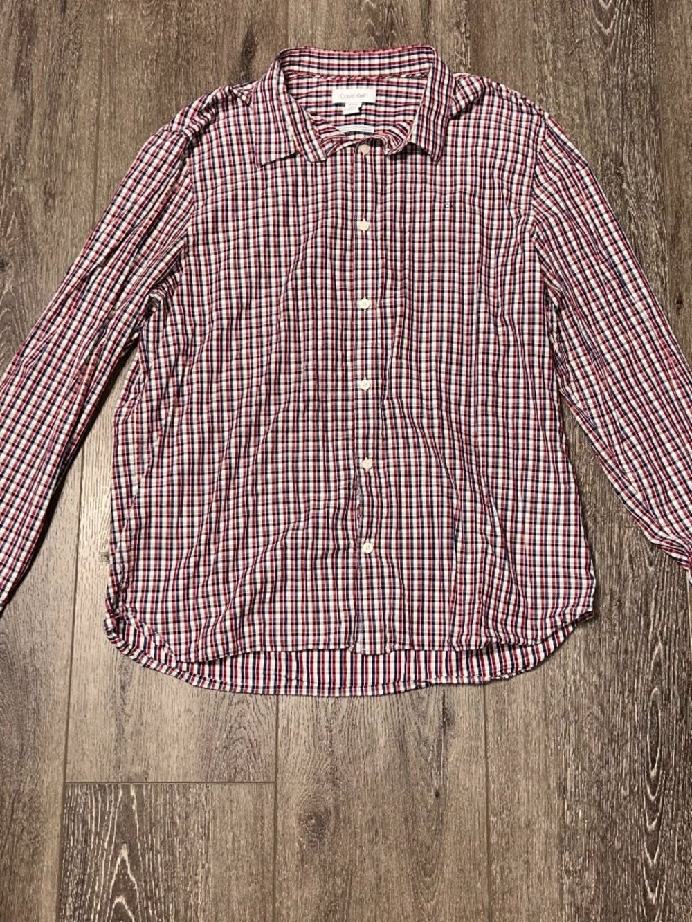 Calvin Klein Shirt XL Blue Red White Plaid Slim Button Up Cotton Long Sleeve
